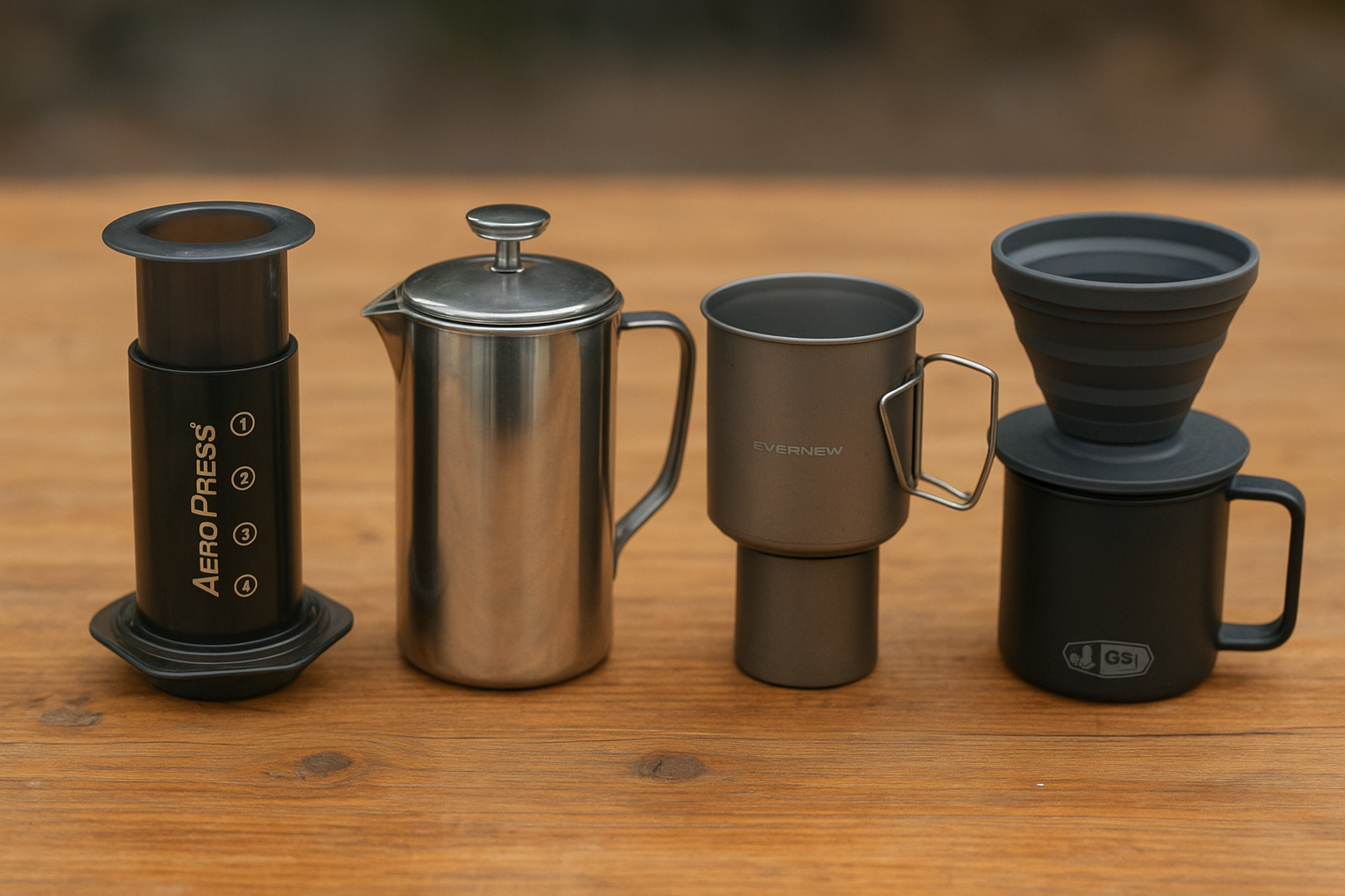 Different Types Of Portable Coffee Makers On A Wooden Table