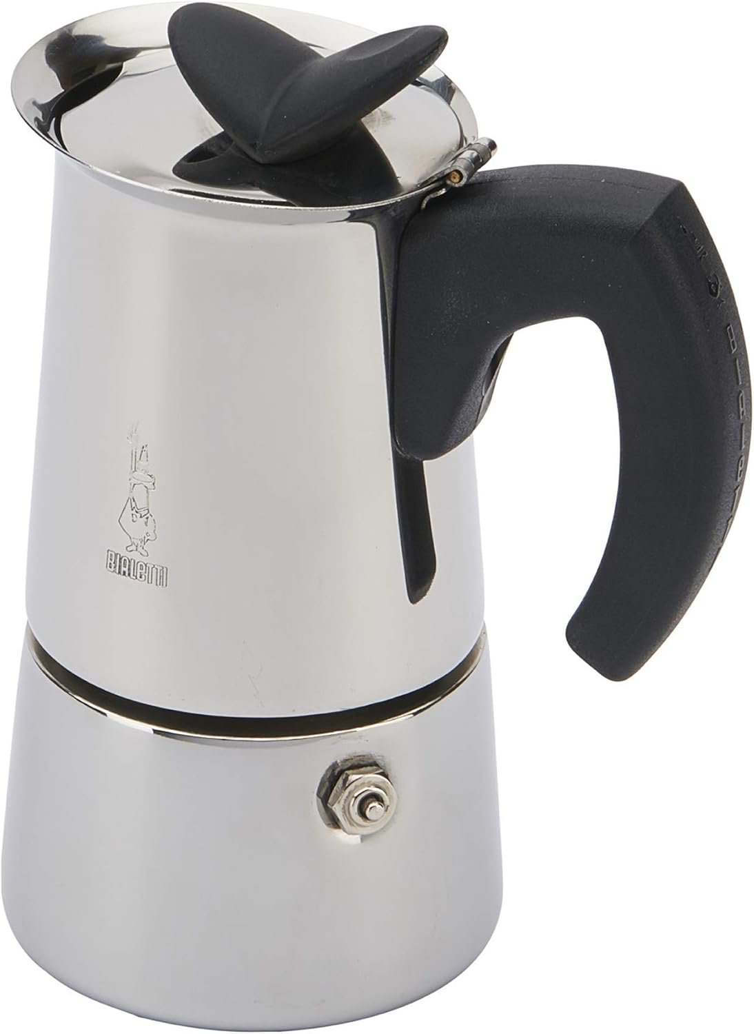 Bialetti Musa Review: Italian Portable Coffee Bialetti Musa stainless steel moka pot with black handle on white background
