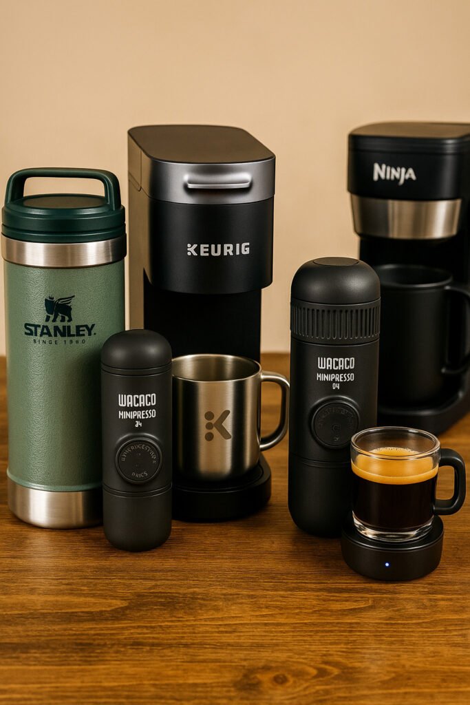 Vertical image of various budget and premium portable coffee makers arranged on a wooden table