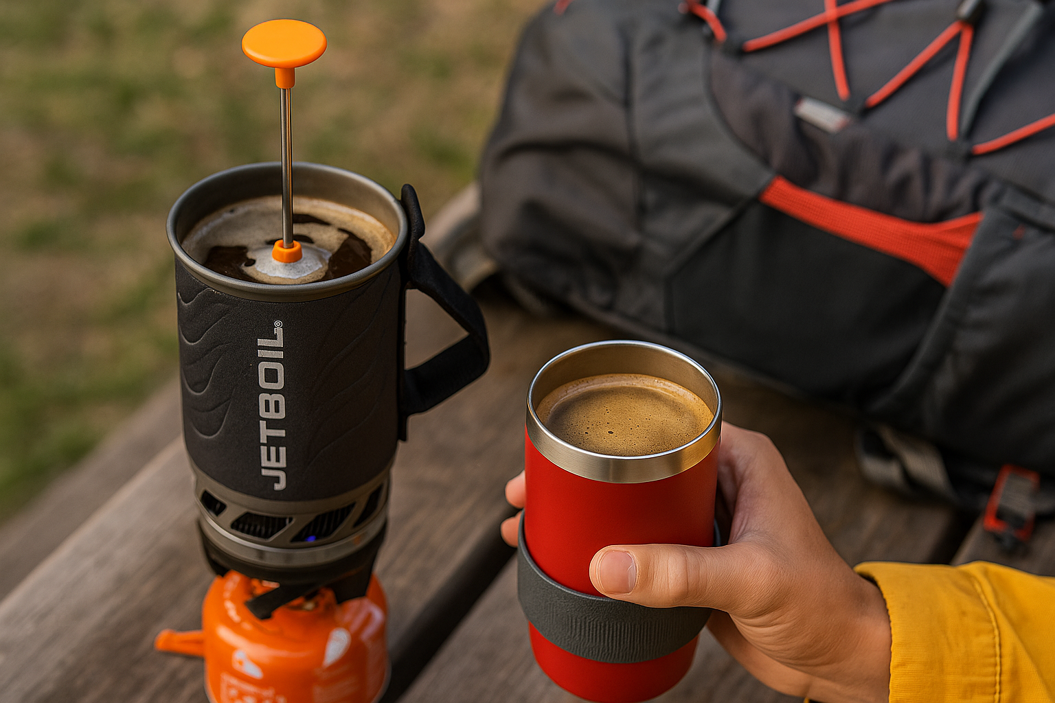 Jetboil Coffee Press brewing fresh coffee outdoors beside a camping stove and backpack