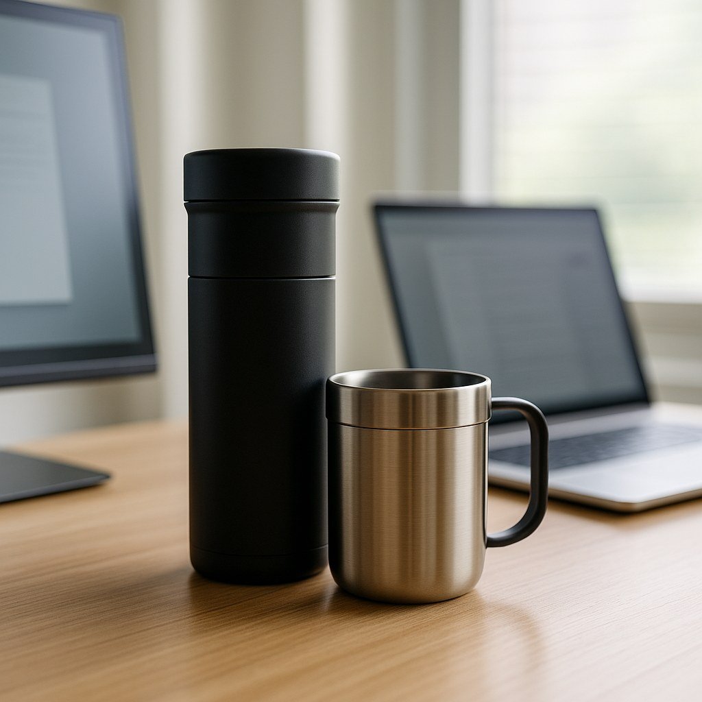Modern quiet portable coffee maker on wooden office desk with stainless steel mug and laptop, minimalist daylight workspace