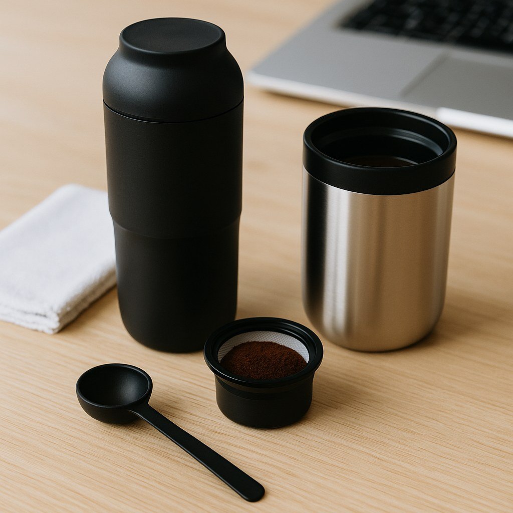 Portable coffee maker maintenance setup with disassembled coffee maker, towel, and cleaning brush on wooden table under soft daylight