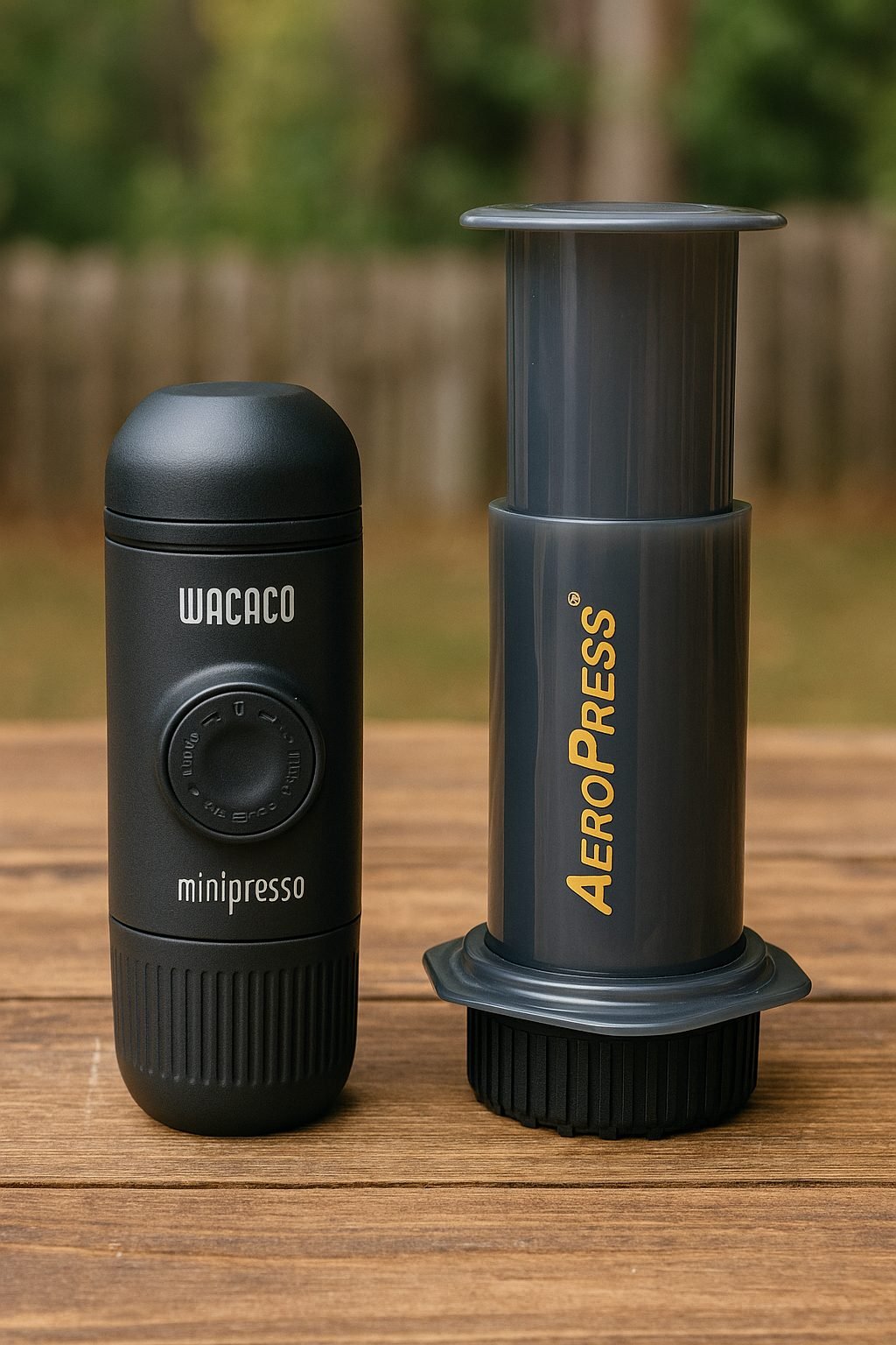 Wacaco and AeroPress portable coffee makers side by side on a wooden table