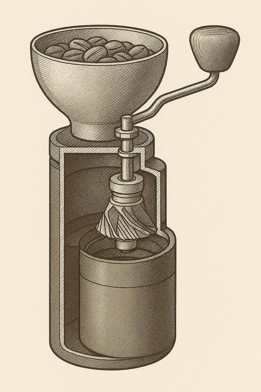 Cross-section view of a burr coffee grinder