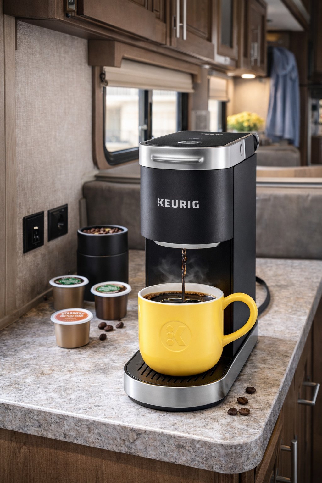 Keurig K-Mini Plus coffee maker in a compact RV coffee station