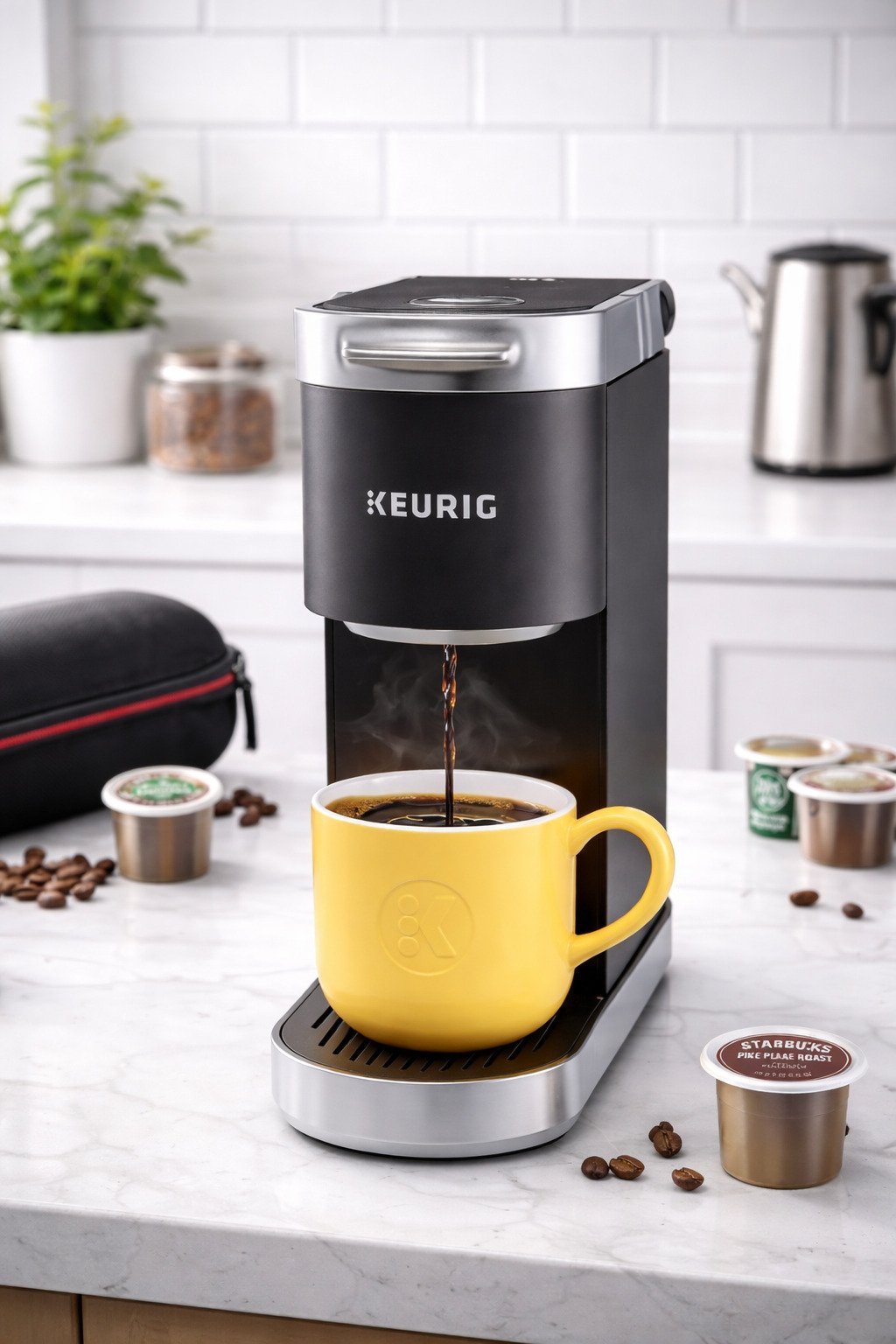 Keurig K-Mini Plus coffee maker on a small kitchen counter with mug