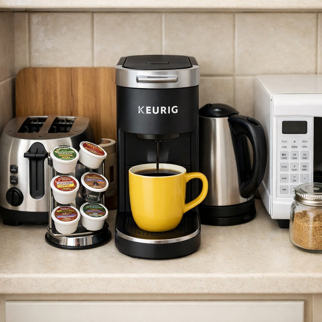 Keurig K-Mini Plus positioned between other appliances on a tiny kitchen counter