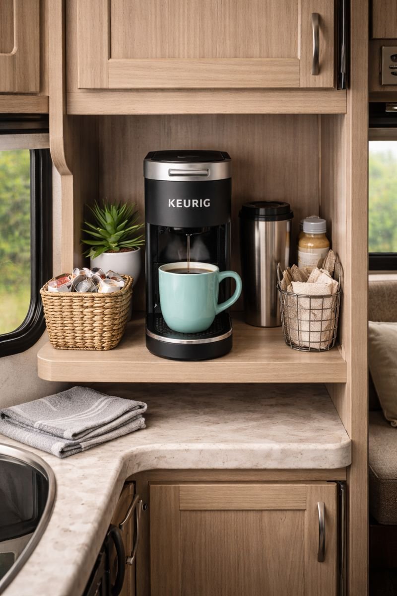 Keurig K-Mini Coffee Maker Review Keurig K-Mini coffee maker on a compact shelf inside an RV