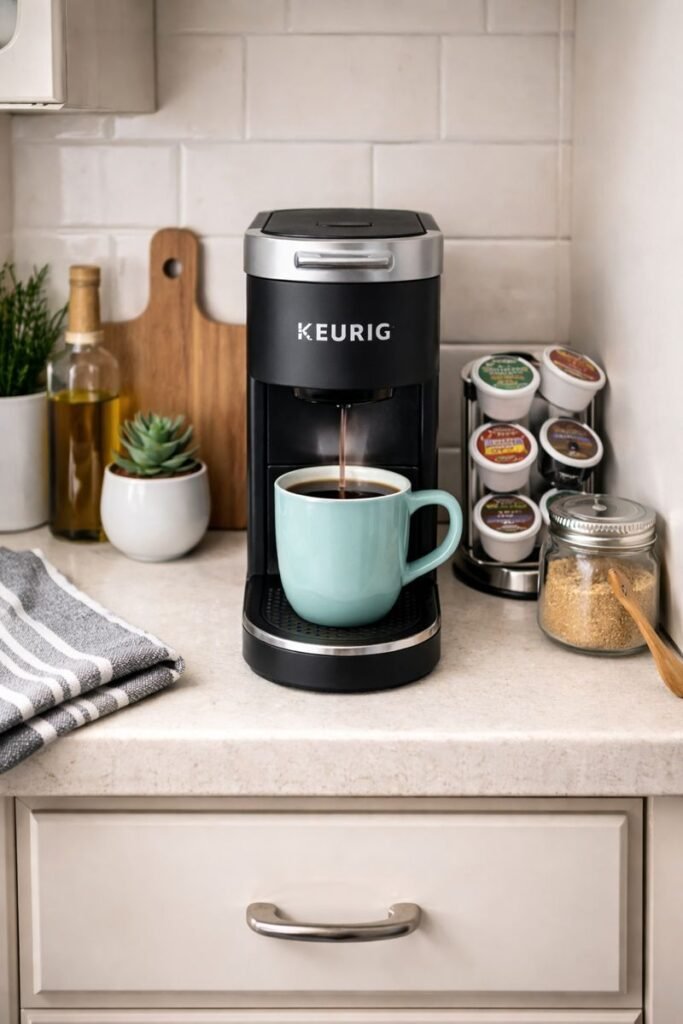Keurig K-Mini coffee maker brewing coffee into a mug on a narrow kitchen counter