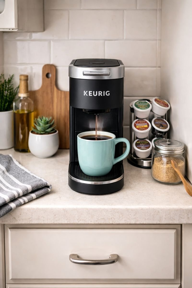 Keurig K-Mini coffee maker on a narrow kitchen counter with a mug