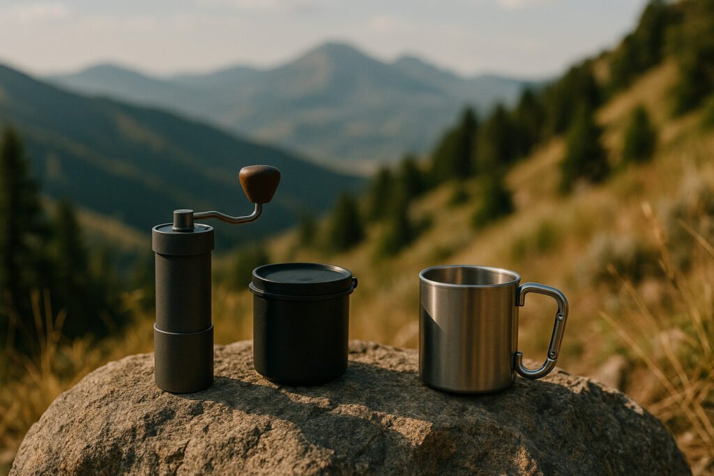 Portable coffee grinder and hiking brewing kit arranged on a rock with mountain views