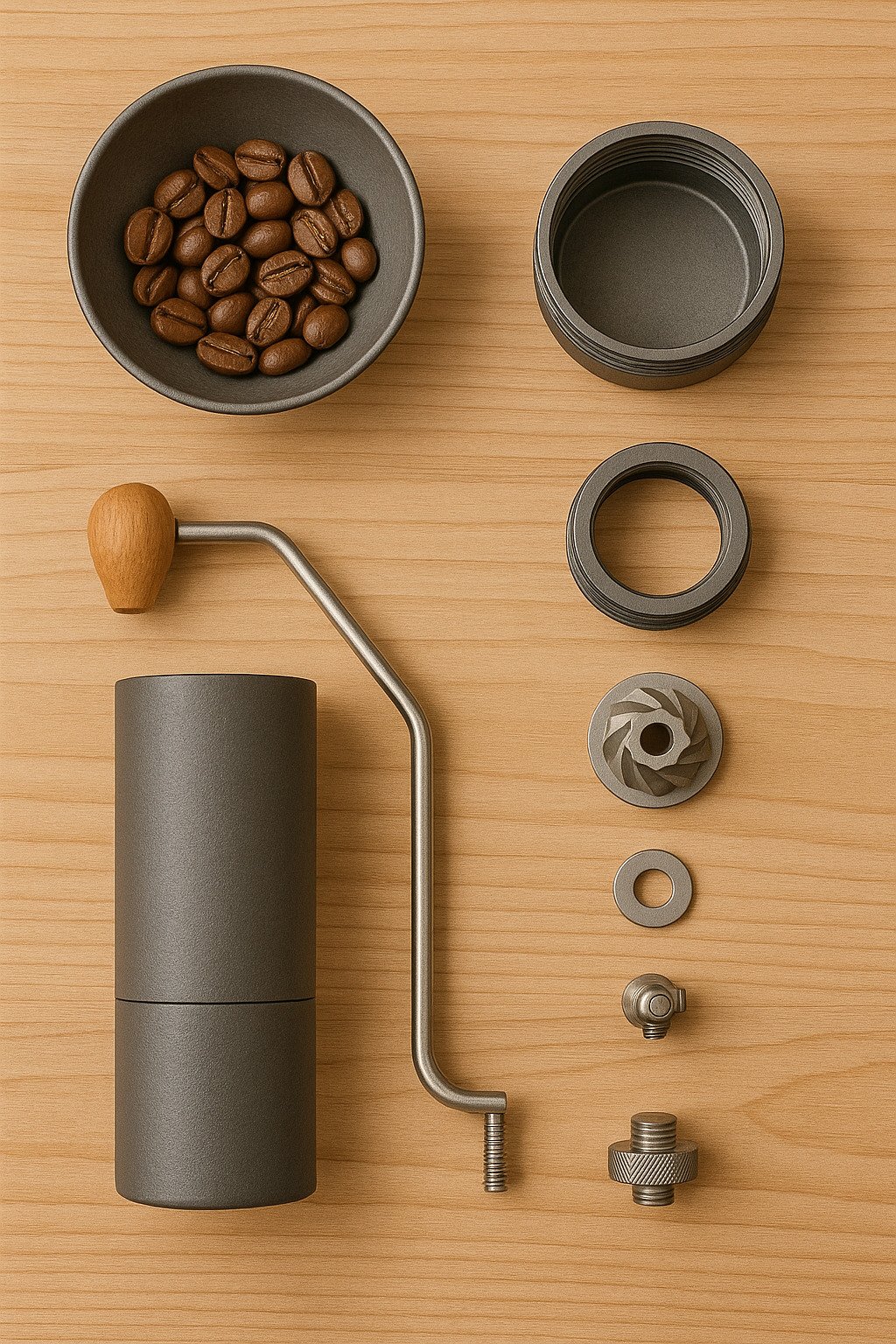 Portable coffee grinder parts layout on a table