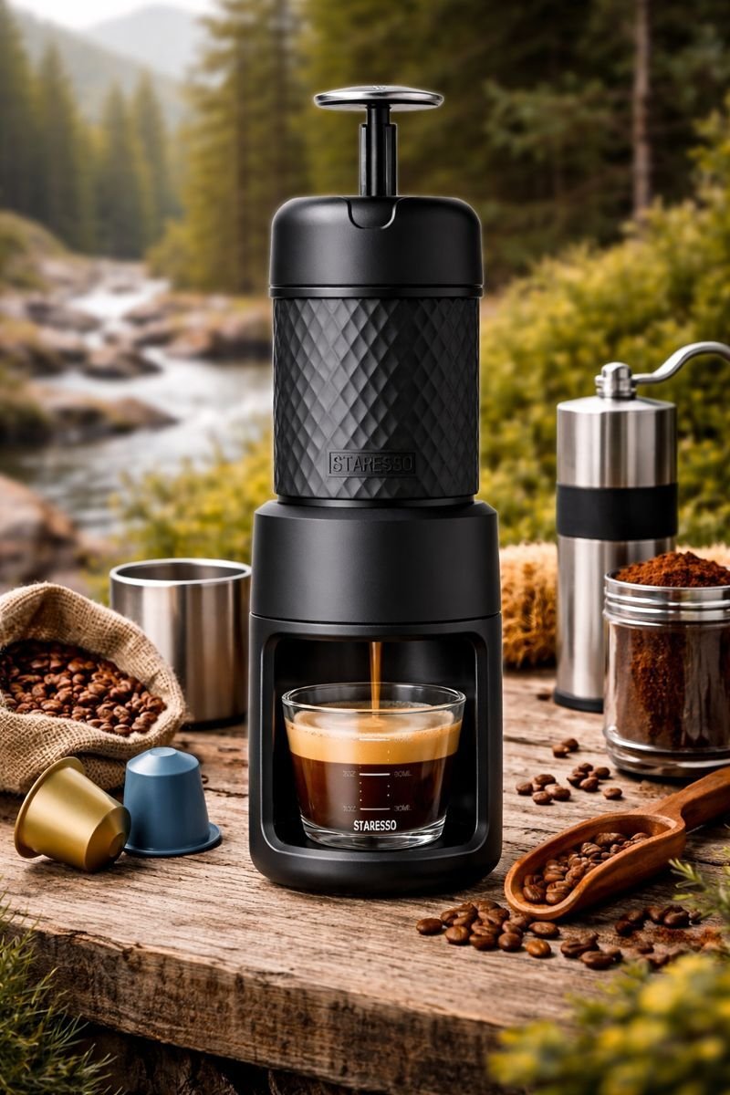 STARESSO portable handheld espresso maker brewing coffee outdoors