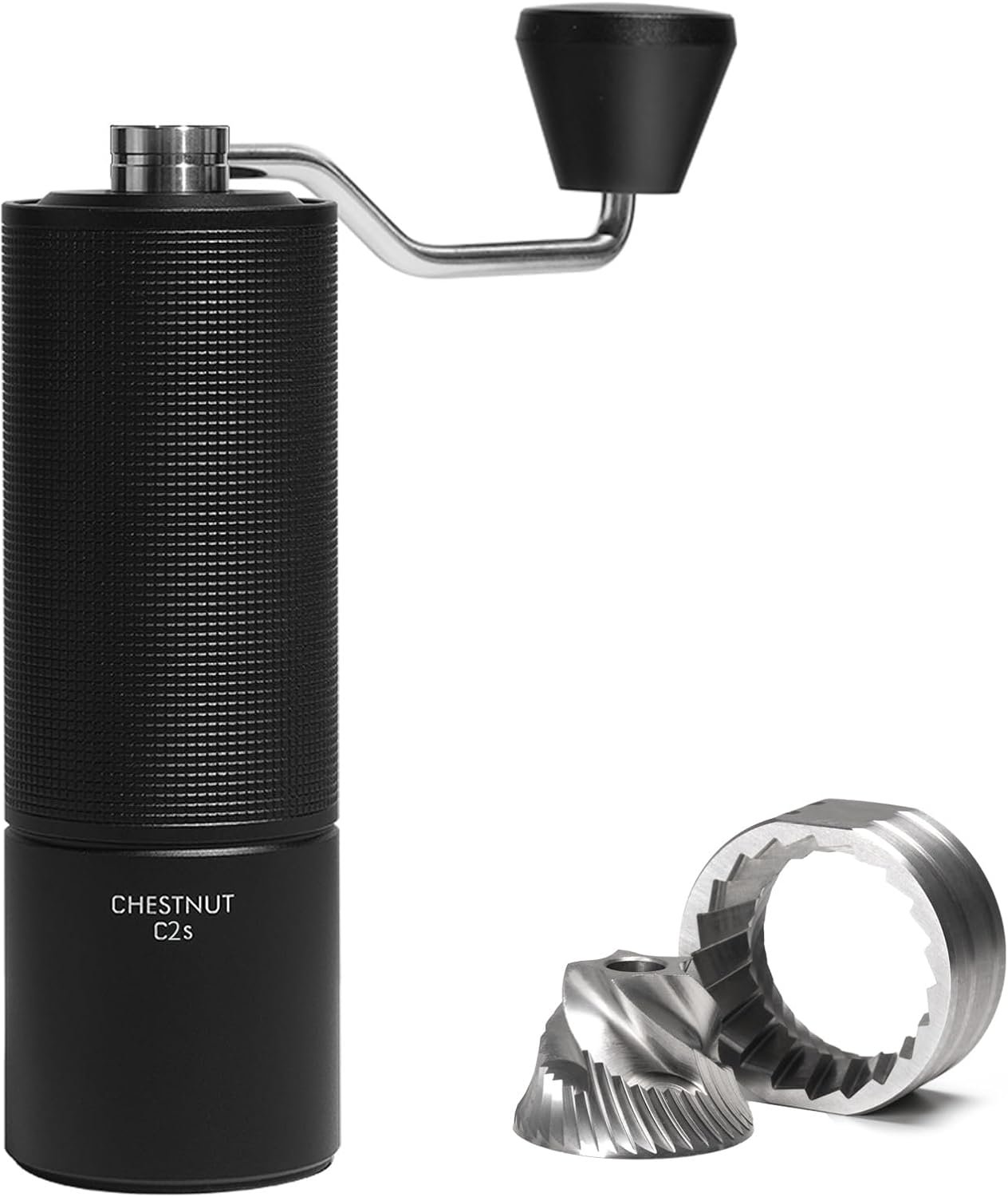 Timemore C2 travel coffee grinder next to kettle