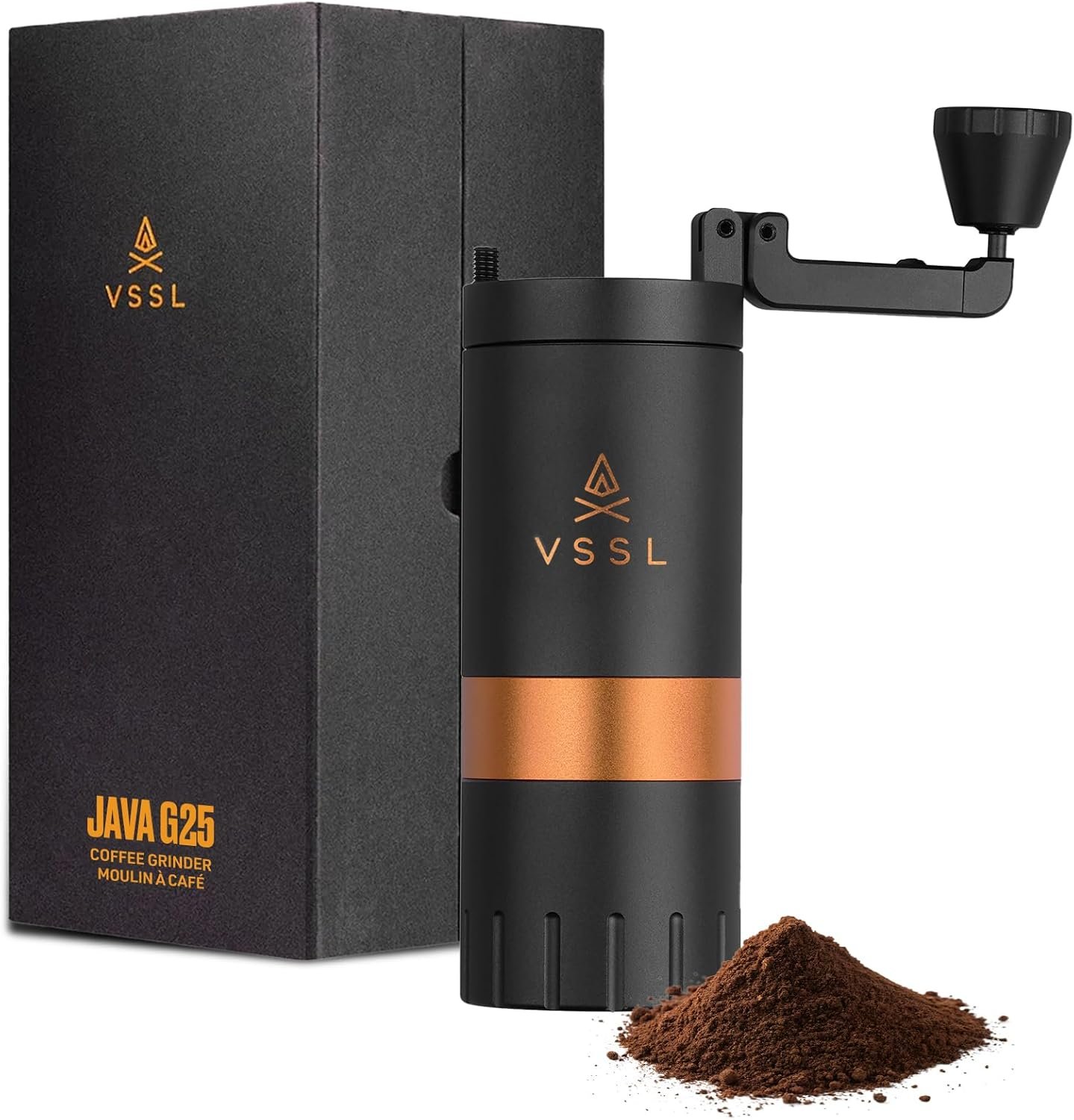 VSSL Java G25 manual coffee grinder on wood table