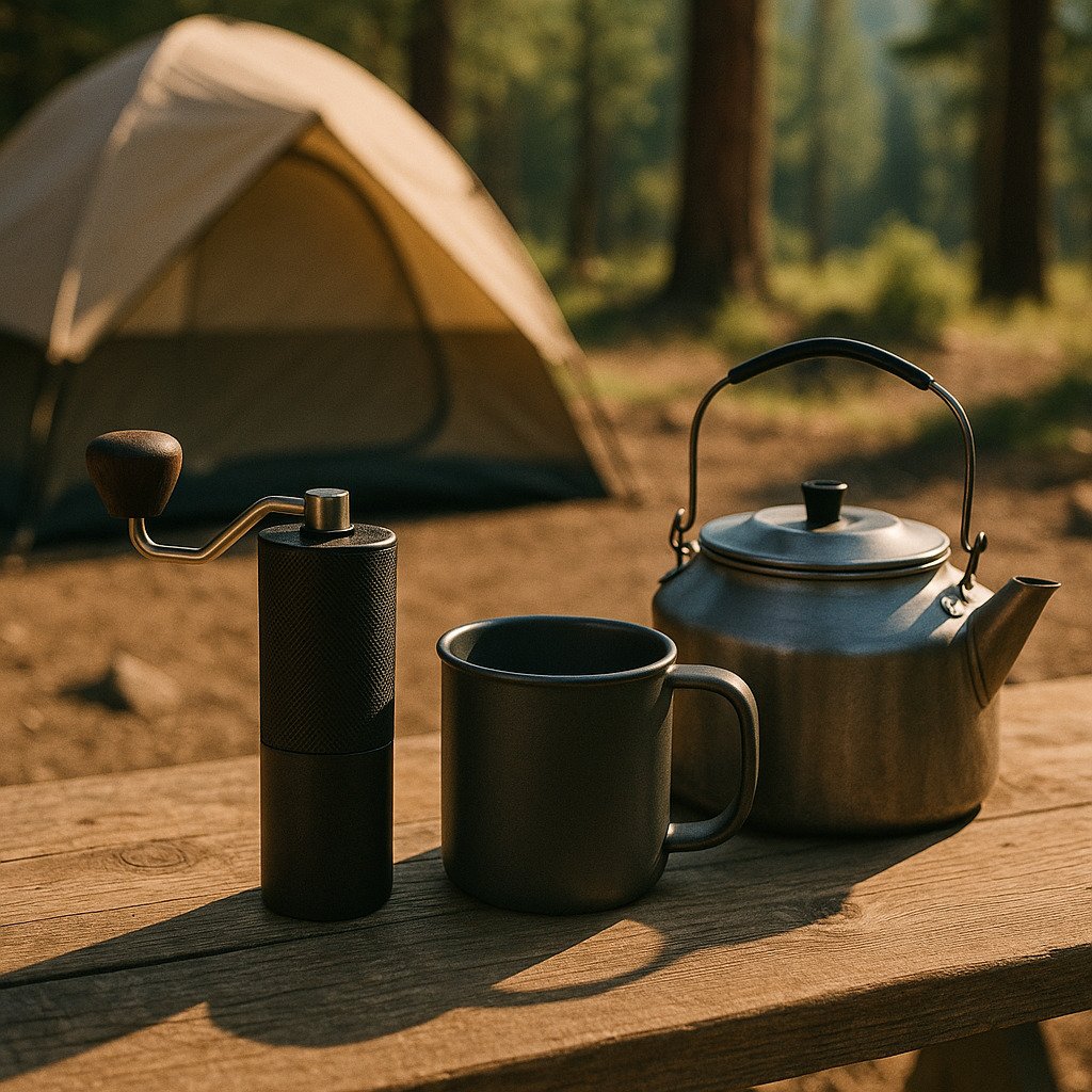 Camping coffee grinder next to a camp stove and mug