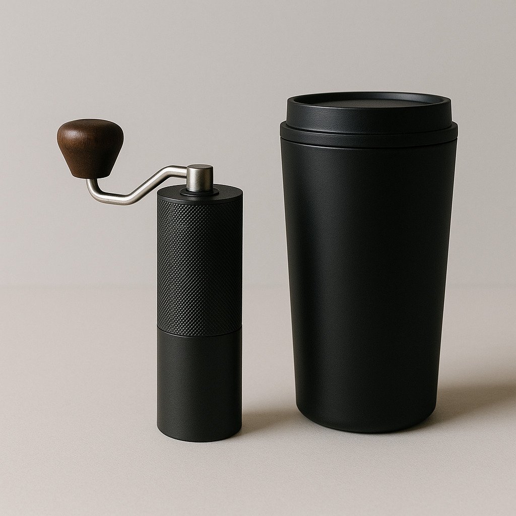 Compact travel coffee grinder next to a travel mug