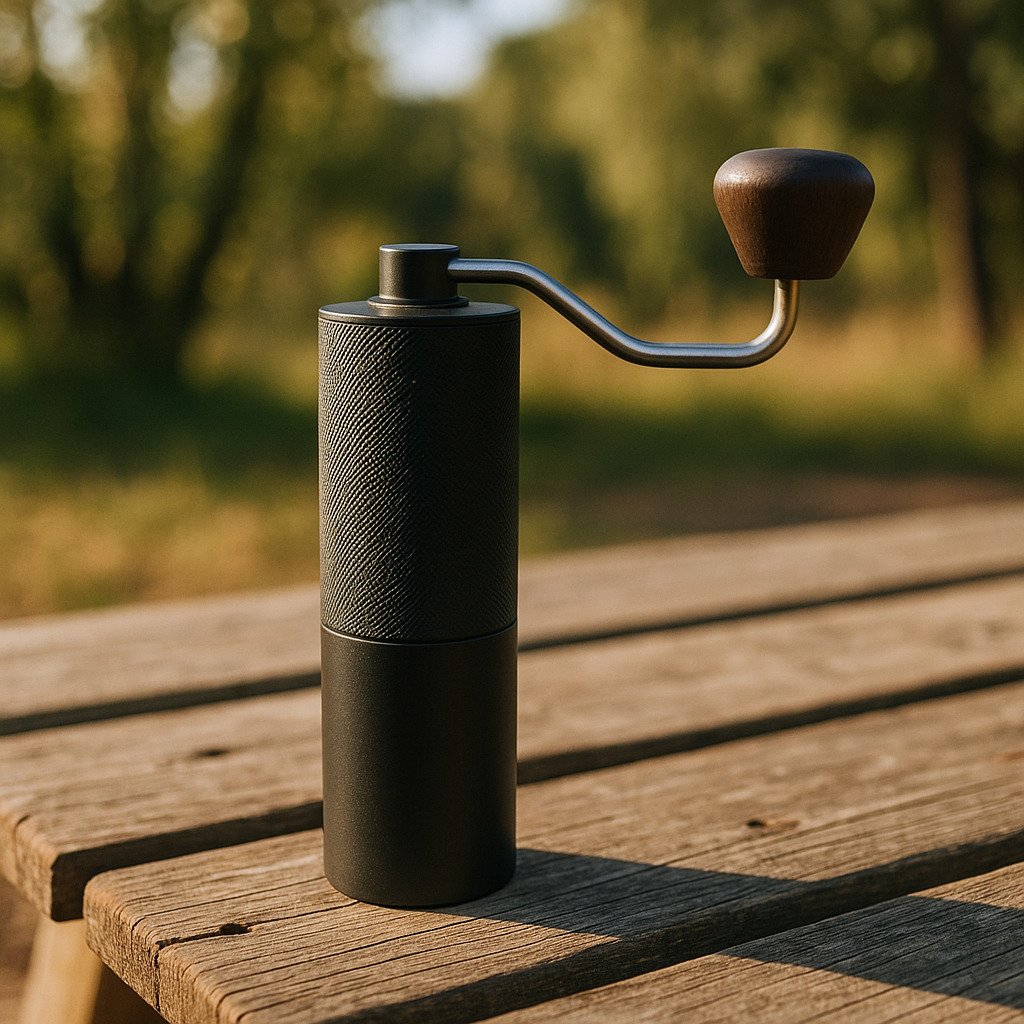 Portable manual coffee grinder used outdoors on a wooden table