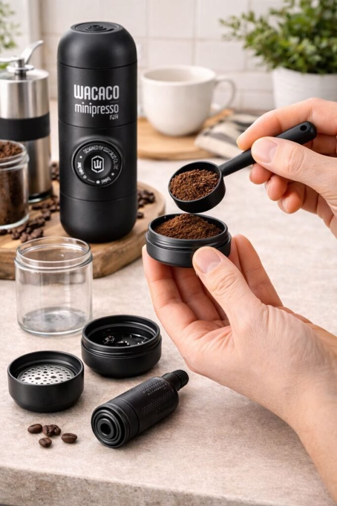 Adding freshly ground coffee into the Wacaco Minipresso GR filter basket on a kitchen countertop