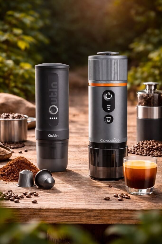 Battery powered portable espresso makers side by side on a wooden table with fresh coffee beans and brewed espresso