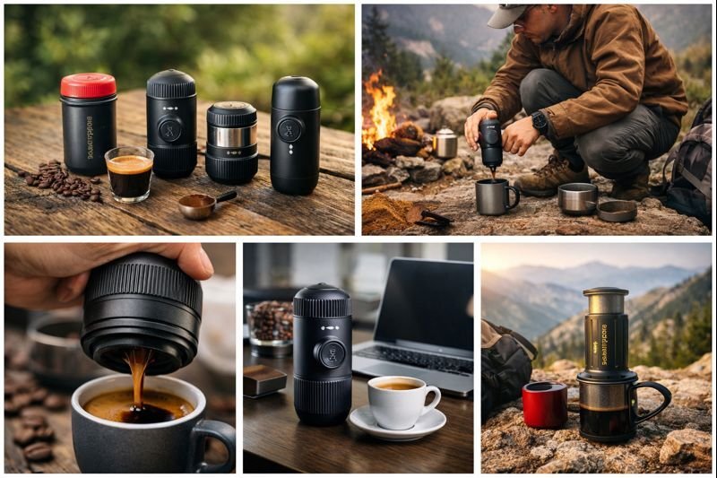 Handheld coffee makers in real-life use scenarios including camping, office desk, and outdoor espresso brewing