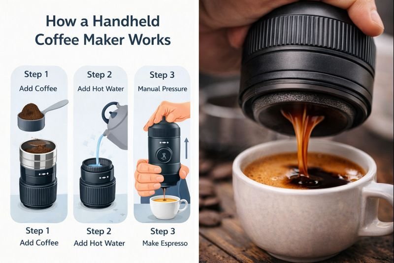 How a handheld coffee maker works using manual pressure to brew espresso