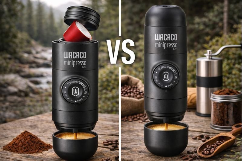 Wacaco Minipresso NS vs GR portable espresso makers side by side, capsule version compared with ground coffee version outdoors