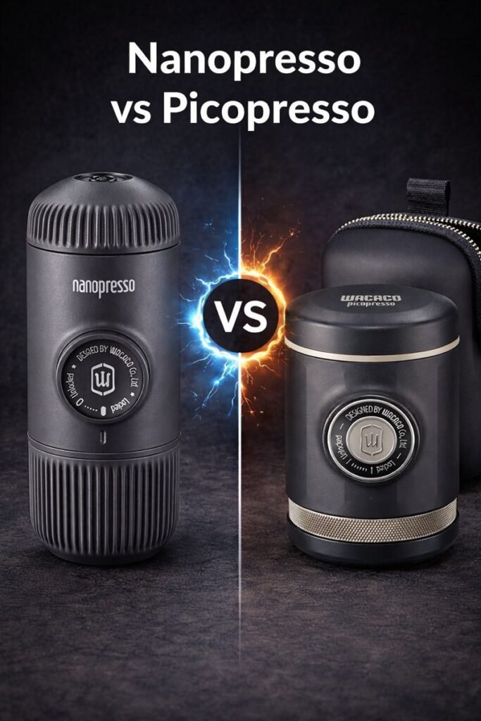 Nanopresso and Picopresso portable espresso makers displayed next to each other, highlighting differences in size, body shape, and manual brewing design
