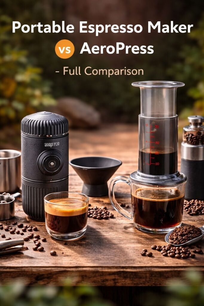 Portable espresso maker compared to AeroPress coffee brewer on a wooden table with fresh coffee
