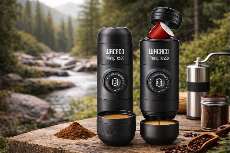 Wacaco Minipresso portable espresso maker with cup outdoors