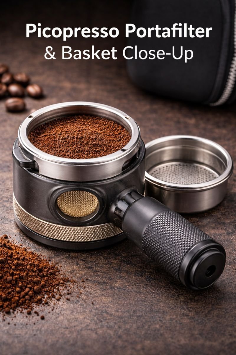 Picopresso portafilter and basket close-up