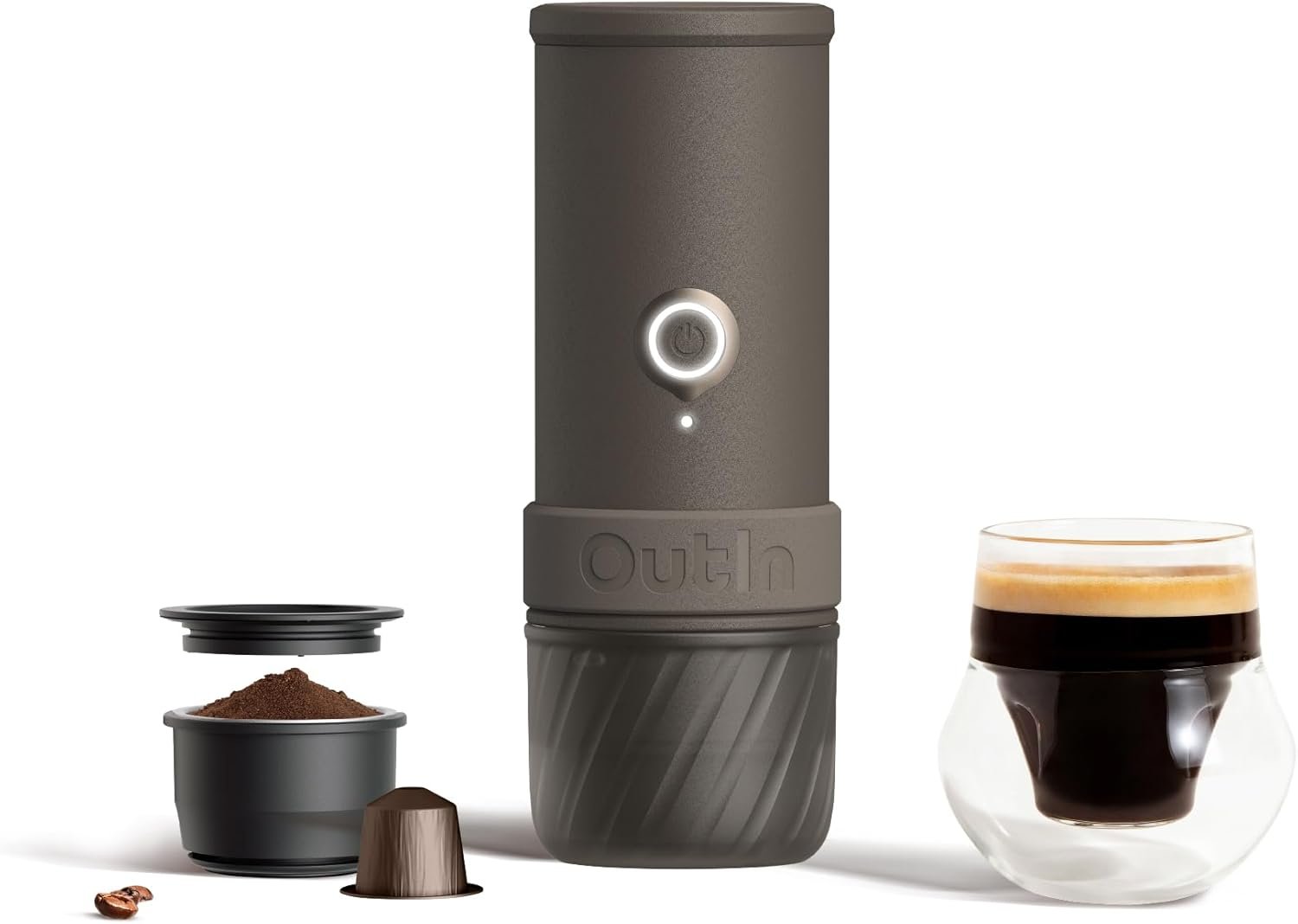 OutIn Mino portable electric espresso machine with ground coffee and capsule components